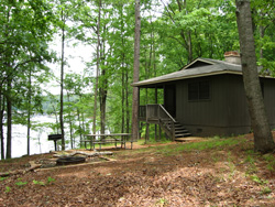 A view of Lake Allatoona and a cottage at Red Top Mountain State Park